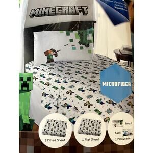 New Minecraft 3 piece Twin Sheets Bed Kids Fitted Bedding Microfiber Set white